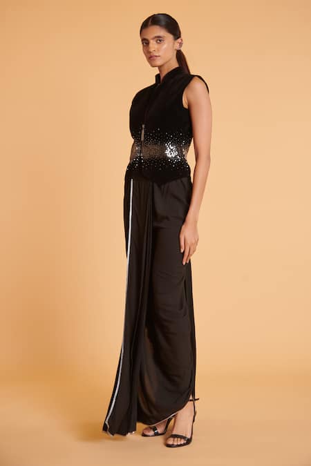 Siddartha Tytler Black Velvet Embellished Metal Stud Mandarin Collar Waistcoat  