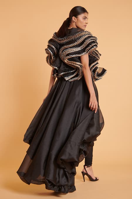 Shop Siddartha Tytler Black Organza Ruffles Mandarin Collar Two Tone Embellished Jacket at Aza Fashions Shop_Siddartha Tytler_Black Organza Ruffles Mandarin Collar Two Tone Embellished Jacket _at_Aza_Fashions