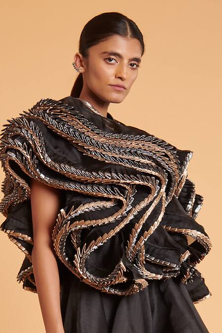 Siddartha Tytler Black Organza Ruffles Mandarin Collar Two Tone Embellished Jacket Online at Aza Fashions Siddartha Tytler_Black Organza Ruffles Mandarin Collar Two Tone Embellished Jacket _Online_at_Aza_Fashions