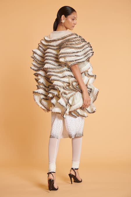 Shop Siddartha Tytler Ivory Organza Round Neck Ruffled Embellished Jacket at Aza Fashions Shop_Siddartha Tytler_Ivory Organza Round Neck Ruffled Embellished Jacket _at_Aza_Fashions