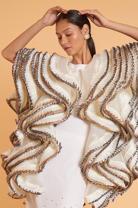 Siddartha Tytler Ivory Organza Round Neck Ruffled Embellished Jacket Online at Aza Fashions Siddartha Tytler_Ivory Organza Round Neck Ruffled Embellished Jacket _Online_at_Aza_Fashions