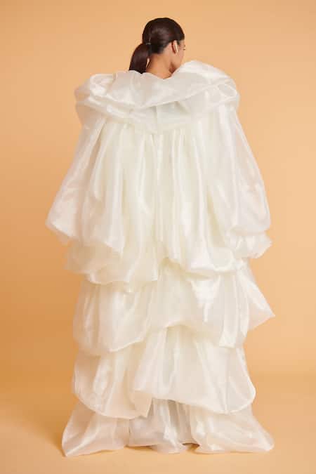 Shop Siddartha Tytler Ivory Organza Open Neck Shimmer Bauble Opera Jacket at Aza Fashions Shop_Siddartha Tytler_Ivory Organza Open Neck Shimmer Bauble Opera Jacket _at_Aza_Fashions