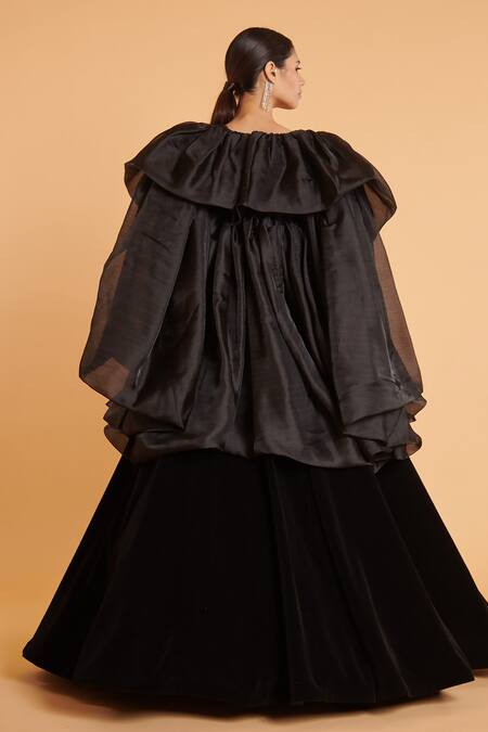 Shop Siddartha Tytler Black Organza Open Neck Bauble Opera Shimmer Jacket at Aza Fashions Shop_Siddartha Tytler_Black Organza Open Neck Bauble Opera Shimmer Jacket _at_Aza_Fashions