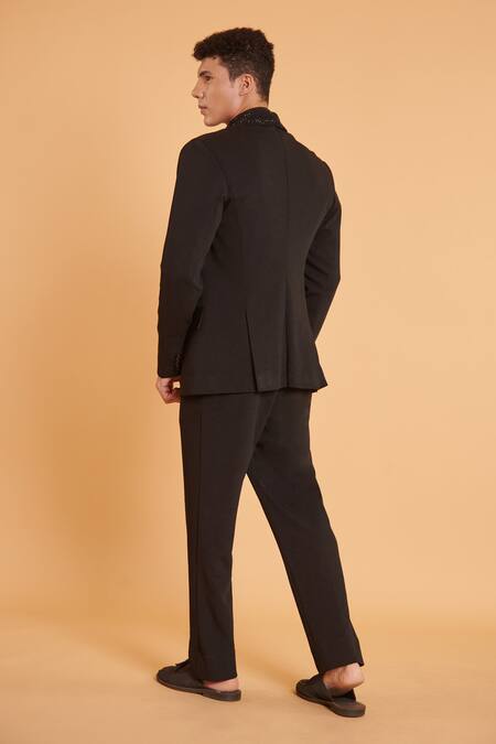 Shop Siddartha Tytler Black Crystals Mesh Lapel Blazer And Pant Set at Aza Fashions Shop_Siddartha Tytler_Black Crystals Mesh Lapel Blazer And Pant Set _at_Aza_Fashions