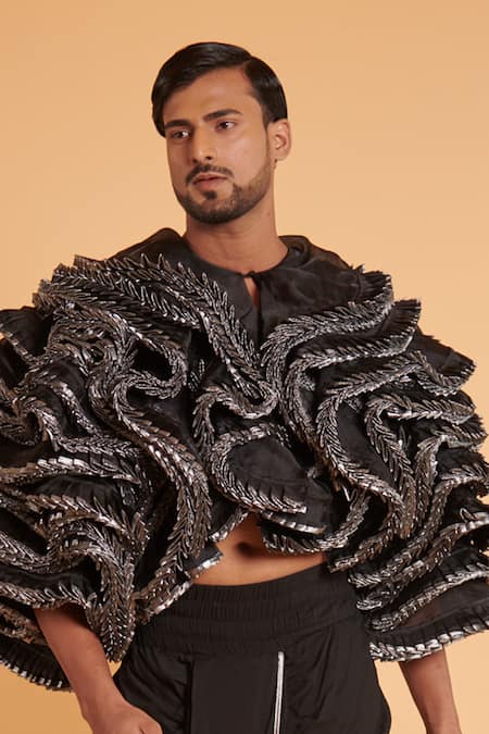 Siddartha Tytler Black Organza Structured Ruffle Jacket Online at Aza Fashions Siddartha Tytler_Black Organza Structured Ruffle Jacket _Online_at_Aza_Fashions