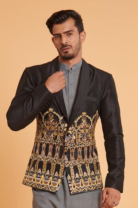 Siddartha Tytler_Black Tussar, Linen Crystals, Zari Embroidered Jacket With Kurta Set _Online_at_Aza_Fashions