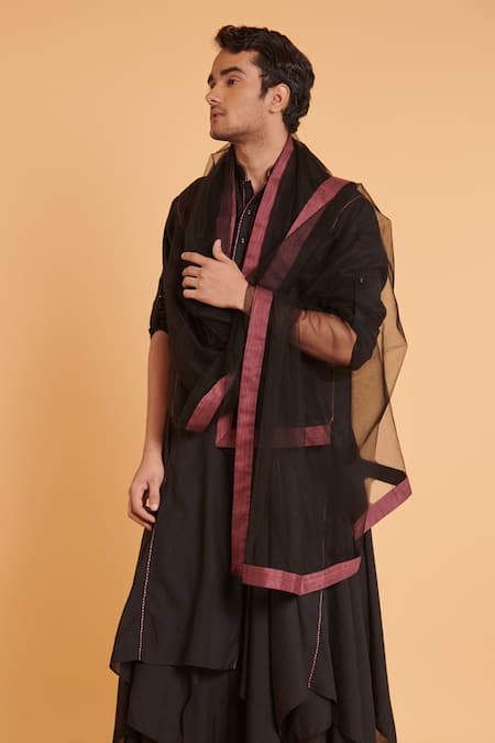 Siddartha Tytler Black Linen, Net Embroidery Draped Kurta And Flap Dhoti Pant Set Online at Aza Fashions Siddartha Tytler_Black Linen, Net Embroidery Draped Kurta And Flap Dhoti Pant Set _Online_at_Aza_Fashions