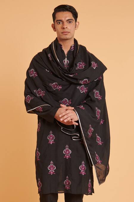 Siddartha Tytler Black Linen Embroidery Floral Kurta Set Online at Aza Fashions Siddartha Tytler_Black Linen Embroidery Floral Kurta Set _Online_at_Aza_Fashions