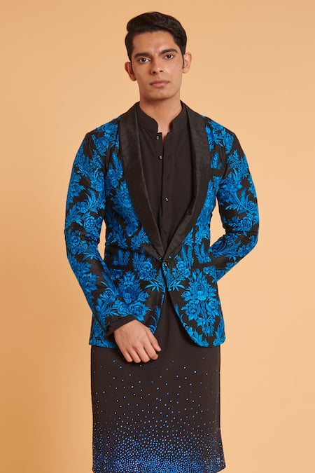 Siddartha Tytler_Black Kota Doria Crystals Gradient Splash Embellished Kurta Set _Online_at_Aza_Fashions