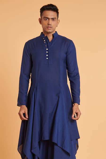 Siddartha Tytler_Blue Linen Draped Kurta And Dhoti Pant Set _Online_at_Aza_Fashions