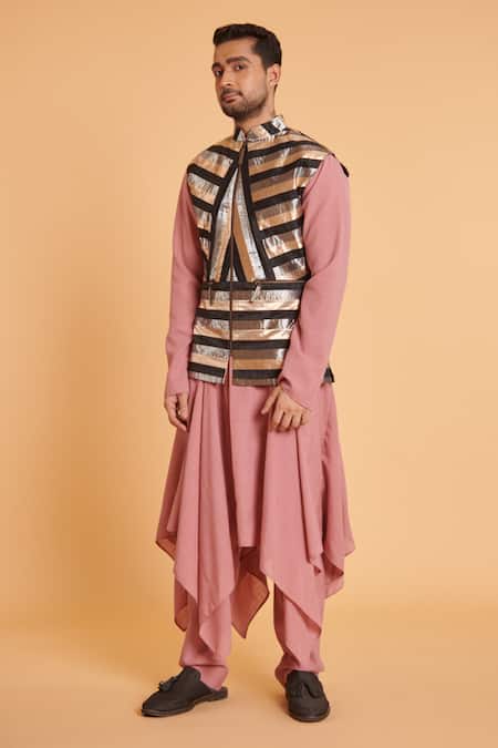 Siddartha Tytler Metallic Stripe Bundi & Draped Kurta Set 