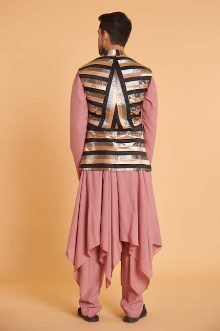 Siddartha Tytler Metallic Stripe Bundi & Draped Kurta Set 