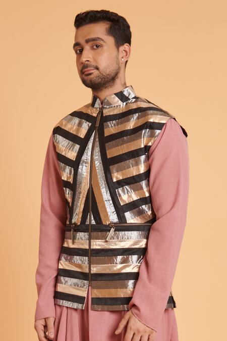 Siddartha Tytler_Gold Lace, Taffeta, Linen Metallic Stripe Bundi And Draped Kurta Set _Online_at_Aza_Fashions