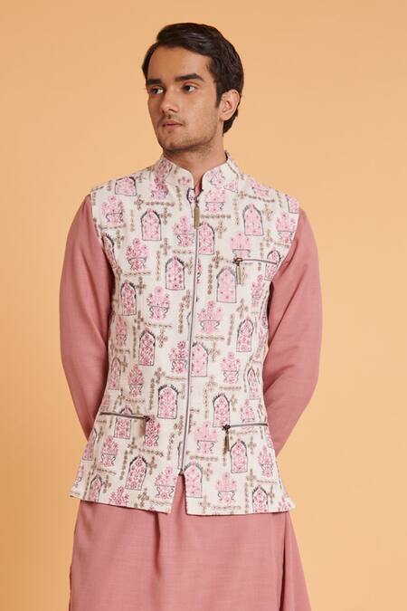 Siddartha Tytler_Ivory Silk, Linen Embroidery Thread Bundi And Kurta Set _Online_at_Aza_Fashions