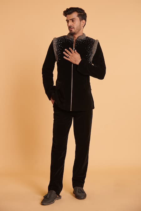 Siddartha Tytler Velvet Crystal Embroidered Bandhgala Set 