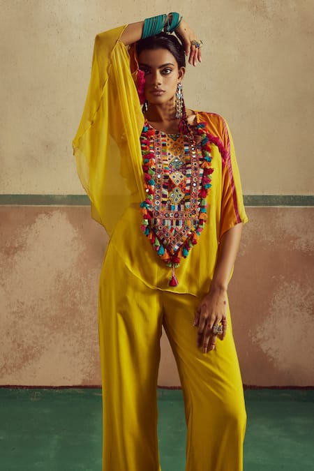 Zariya The Label Boho Thread Work Tassel Embellished Cape Pant Set 