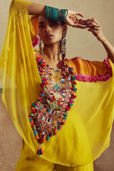 Zariya The Label_Yellow Bamboo, Silk Tassels, Boho Thread Work Embellished Cape Pant Set _Online_at_Aza_Fashions