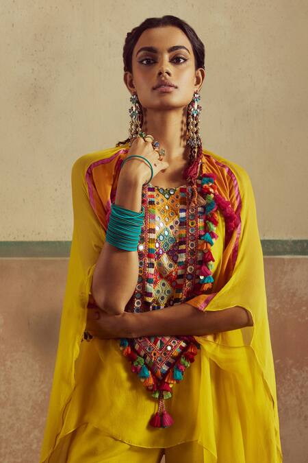 Buy_Zariya The Label_Yellow Bamboo, Silk Tassels, Boho Thread Work Embellished Cape Pant Set _Online_at_Aza_Fashions