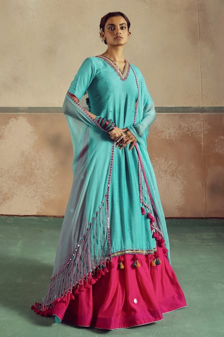 Zariya The Label_Blue Bamboo, Chiffon, Cotton Mirrors, Embroidered Backless Kurta Lehenga Set _Online_at_Aza_Fashions