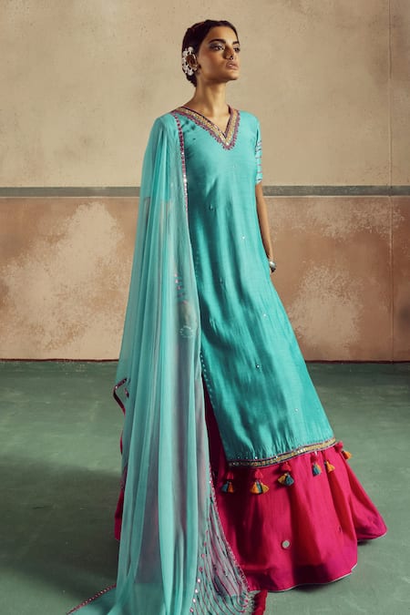 Buy_Zariya The Label_Blue Bamboo, Chiffon, Cotton Mirrors, Embroidered Backless Kurta Lehenga Set _Online_at_Aza_Fashions