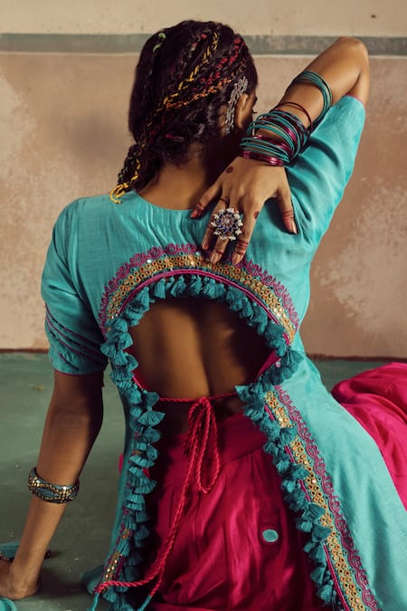Zariya The Label_Blue Bamboo, Chiffon, Cotton Mirrors, Embroidered Backless Kurta Lehenga Set _at_Aza_Fashions
