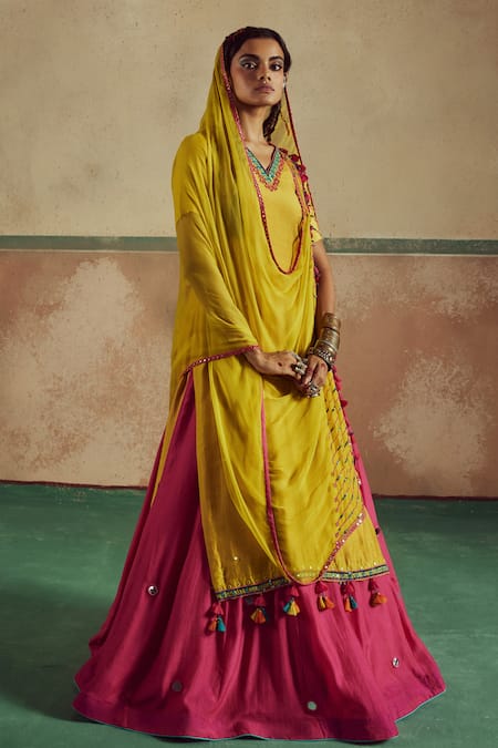 Zariya The Label_Yellow Bamboo, Chiffon, Cotton Sheesha Embroidered Backless Kurta Lehenga Set _Online_at_Aza_Fashions