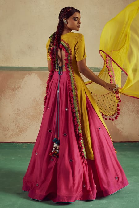 Shop_Zariya The Label_Yellow Bamboo, Chiffon, Cotton Sheesha Embroidered Backless Kurta Lehenga Set _Online_at_Aza_Fashions