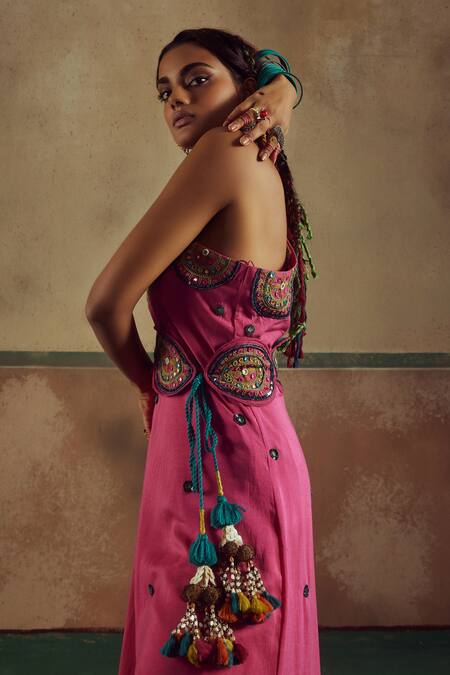 Zariya The Label_Pink Bamboo, Cotton Mirrors, Sequins, Beads, Mandala Work Kurta Pant Set _at_Aza_Fashions