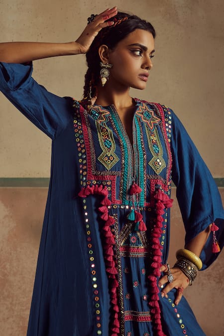 Zariya The Label_Blue Bamboo, Cotton, Silk Mirrors, Jhola Boho Embellished Kurta With Pant _Online_at_Aza_Fashions