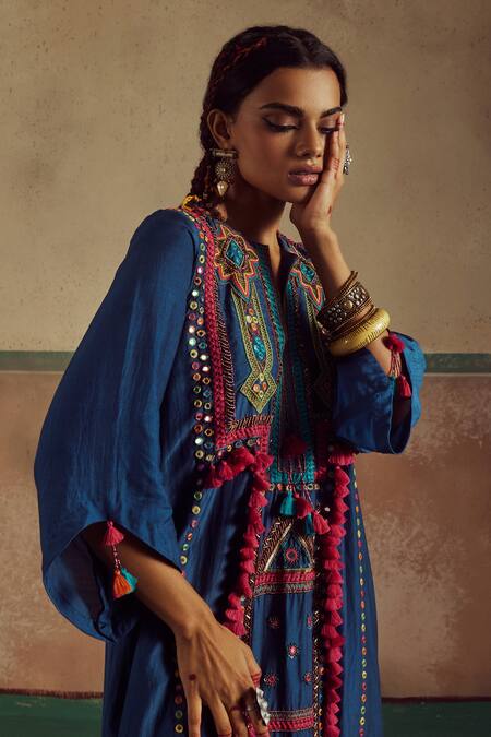 Buy_Zariya The Label_Blue Bamboo, Cotton, Silk Mirrors, Jhola Boho Embellished Kurta With Pant _Online_at_Aza_Fashions