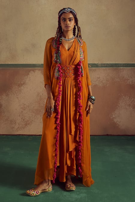 Zariya the Label Orange Dress Bamberg Silk Embroidery Threadwork V Boho Mirror Cape With A-line 