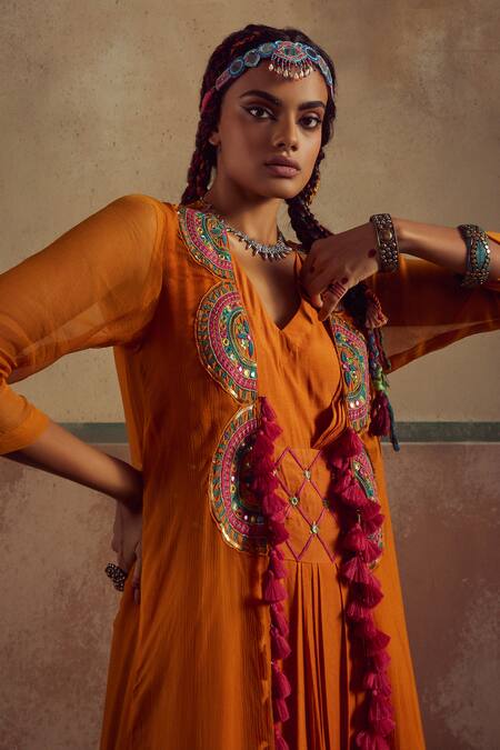 Shop_Zariya The Label_Orange Bamboo, Chiffon, Cotton Mirrors, Boho Embroidered Cape With A-line Dress _Online_at_Aza_Fashions