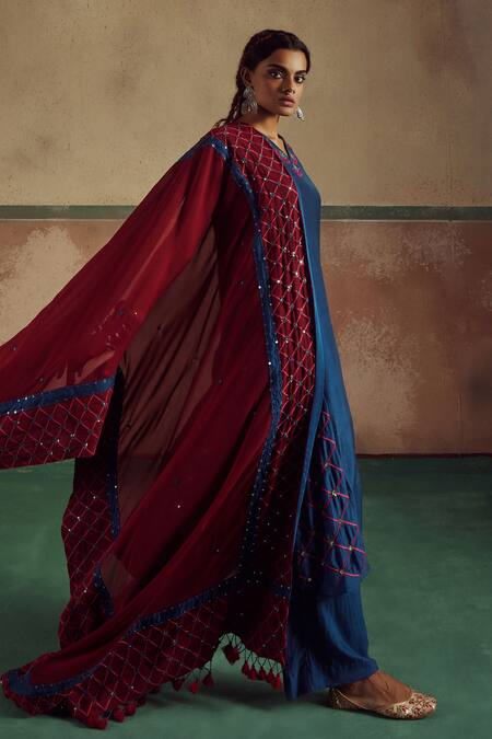 Buy_Zariya The Label_Yellow Bamboo, Silk, Cotton, Crepe Boho Sheesha Jaal Embroidered Kurta Pant Set _Online_at_Aza_Fashions