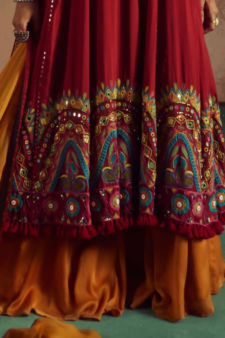 Zariya The Label_Red Bamboo, Cotton, Chiffon Mirrors, Sequins, Gardenia Anarkali Lehenga Set _Online_at_Aza_Fashions
