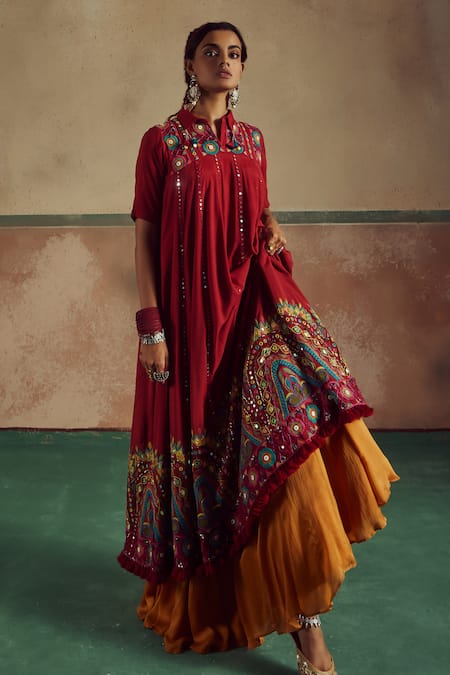 Buy_Zariya The Label_Red Bamboo, Cotton, Chiffon Mirrors, Sequins, Gardenia Anarkali Lehenga Set _Online_at_Aza_Fashions