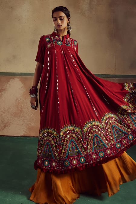 Shop_Zariya The Label_Red Bamboo, Cotton, Chiffon Mirrors, Sequins, Gardenia Anarkali Lehenga Set _Online_at_Aza_Fashions