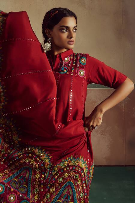 Zariya The Label_Red Bamboo, Cotton, Chiffon Mirrors, Sequins, Gardenia Anarkali Lehenga Set _at_Aza_Fashions
