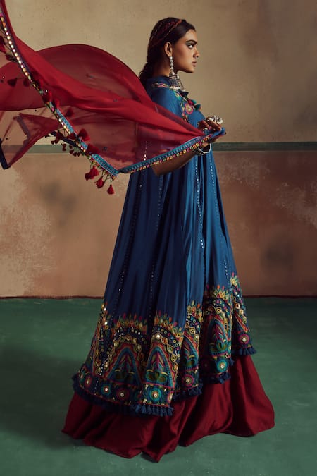 Buy_Zariya The Label_Red Bamboo, Chiffon Mirrors, Sequins, Sheesha Gardenia Anarkali Lehenga Set _Online_at_Aza_Fashions