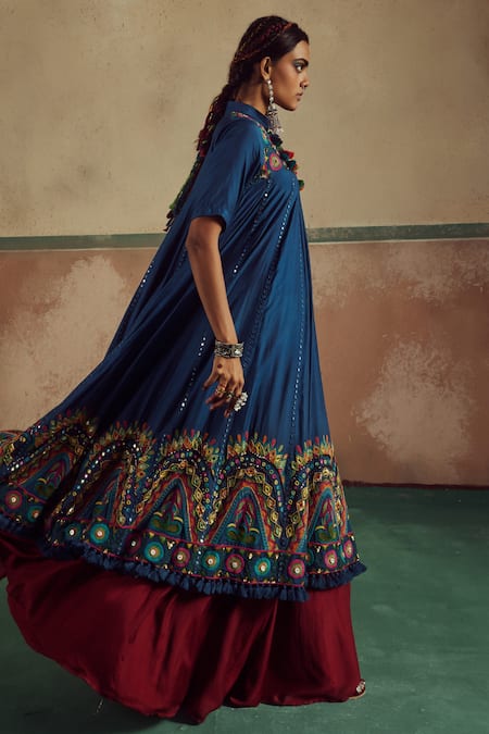 Shop_Zariya The Label_Red Bamboo, Chiffon Mirrors, Sequins, Sheesha Gardenia Anarkali Lehenga Set _Online_at_Aza_Fashions