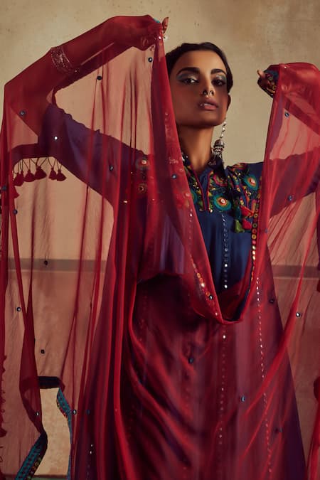 Zariya The Label_Red Bamboo, Chiffon Mirrors, Sequins, Sheesha Gardenia Anarkali Lehenga Set _at_Aza_Fashions