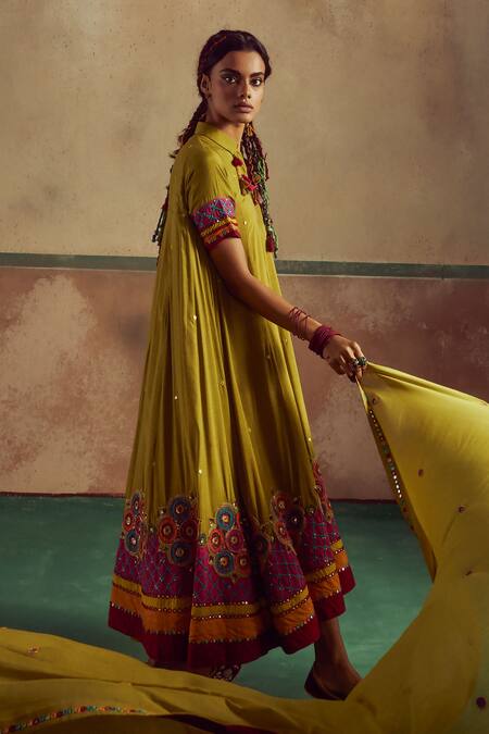 Shop_Zariya The Label_Green Bamboo, Crepe Mirrors, Sequins, Tassels Circle Gardenia Anarkali Pant Set _Online_at_Aza_Fashions