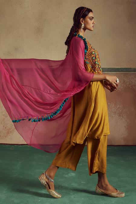 Zariya The Label_Yellow Bamboo, Chiffon Mirrors, Boho Mandala Art Embroidered Cape Pant Set _Online_at_Aza_Fashions