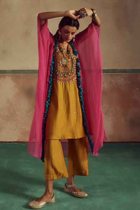 Buy_Zariya The Label_Yellow Bamboo, Chiffon Mirrors, Boho Mandala Art Embroidered Cape Pant Set _Online_at_Aza_Fashions