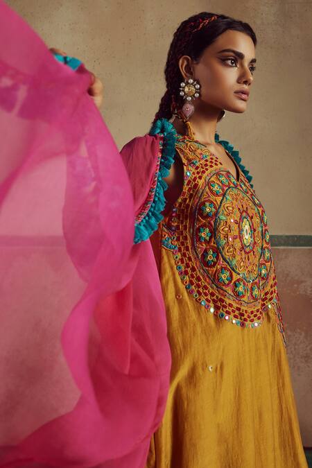 Shop_Zariya The Label_Yellow Bamboo, Chiffon Mirrors, Boho Mandala Art Embroidered Cape Pant Set _Online_at_Aza_Fashions