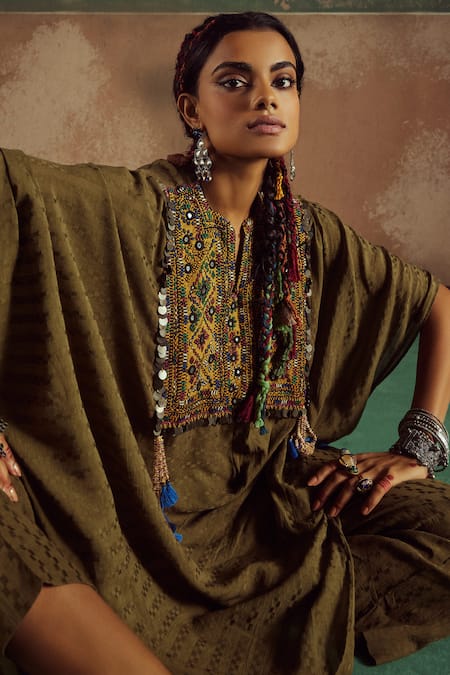 Shop_Zariya The Label_Green Bamboo Tassels, Beads, Asymmetric Floral Embroidered Cowl Cape With Pant _Online_at_Aza_Fashions