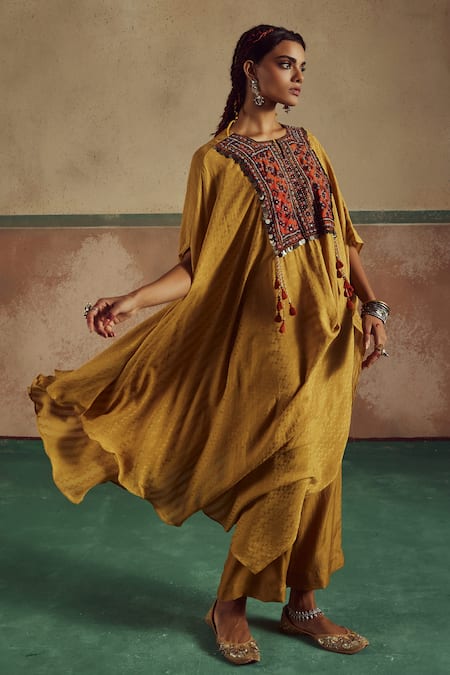 Zariya The Label_Yellow Bamboo Mirrors, Sequins, Asymmetric Bloom Embroidered Cowl Cape With Pant _Online_at_Aza_Fashions