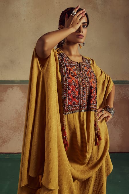 Shop_Zariya The Label_Yellow Bamboo Mirrors, Sequins, Asymmetric Bloom Embroidered Cowl Cape With Pant _Online_at_Aza_Fashions
