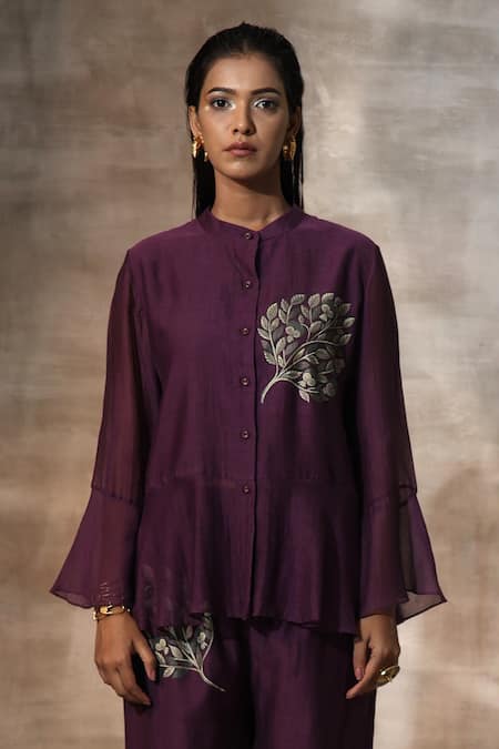 Neeta Bhargava_Purple Chanderi Embroidery Mandarin Collar Hand Painted Top With Palazzo _Online_at_Aza_Fashions