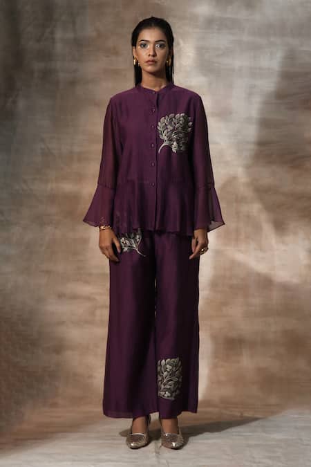 Buy_Neeta Bhargava_Purple Chanderi Embroidery Mandarin Collar Hand Painted Top With Palazzo _Online_at_Aza_Fashions