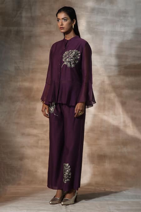 Shop_Neeta Bhargava_Purple Chanderi Embroidery Mandarin Collar Hand Painted Top With Palazzo _Online_at_Aza_Fashions